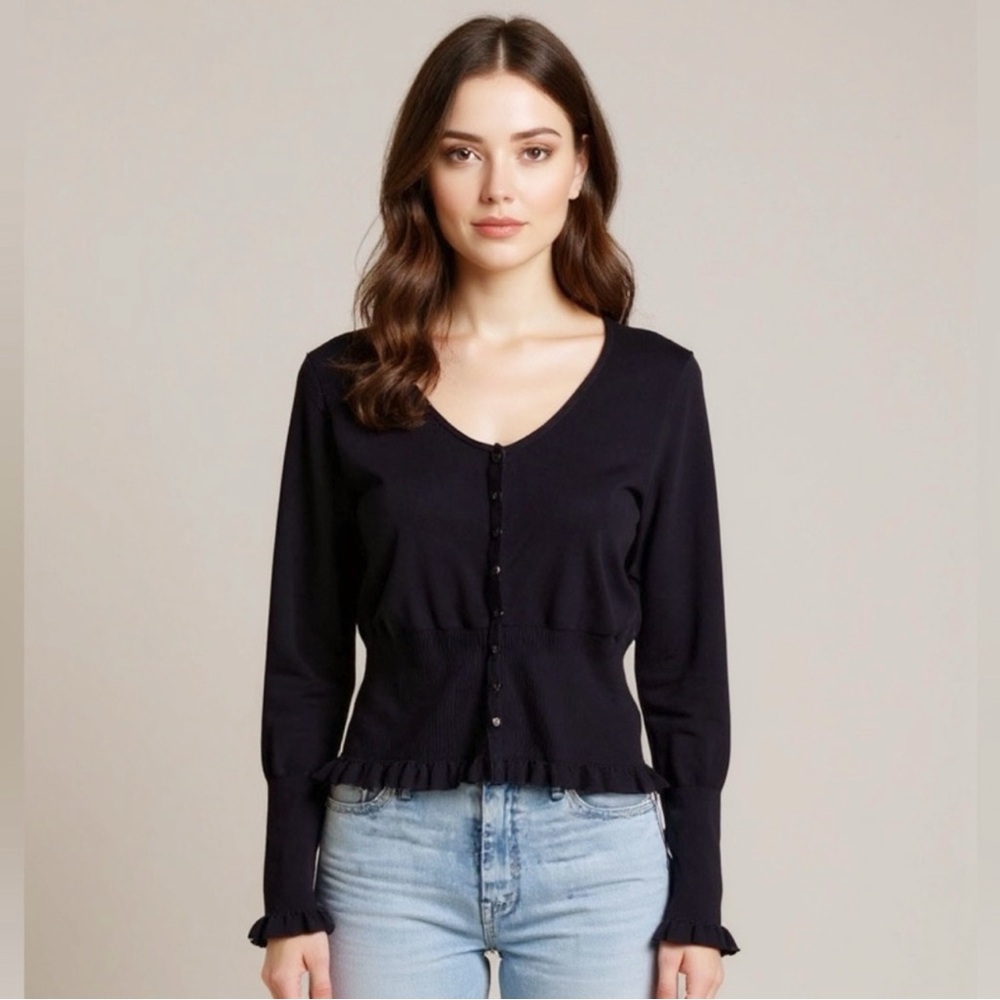 Michael Simon Y2K Black Ribbed Ruffle Hem vintage  Cardigan Sweater Size Small